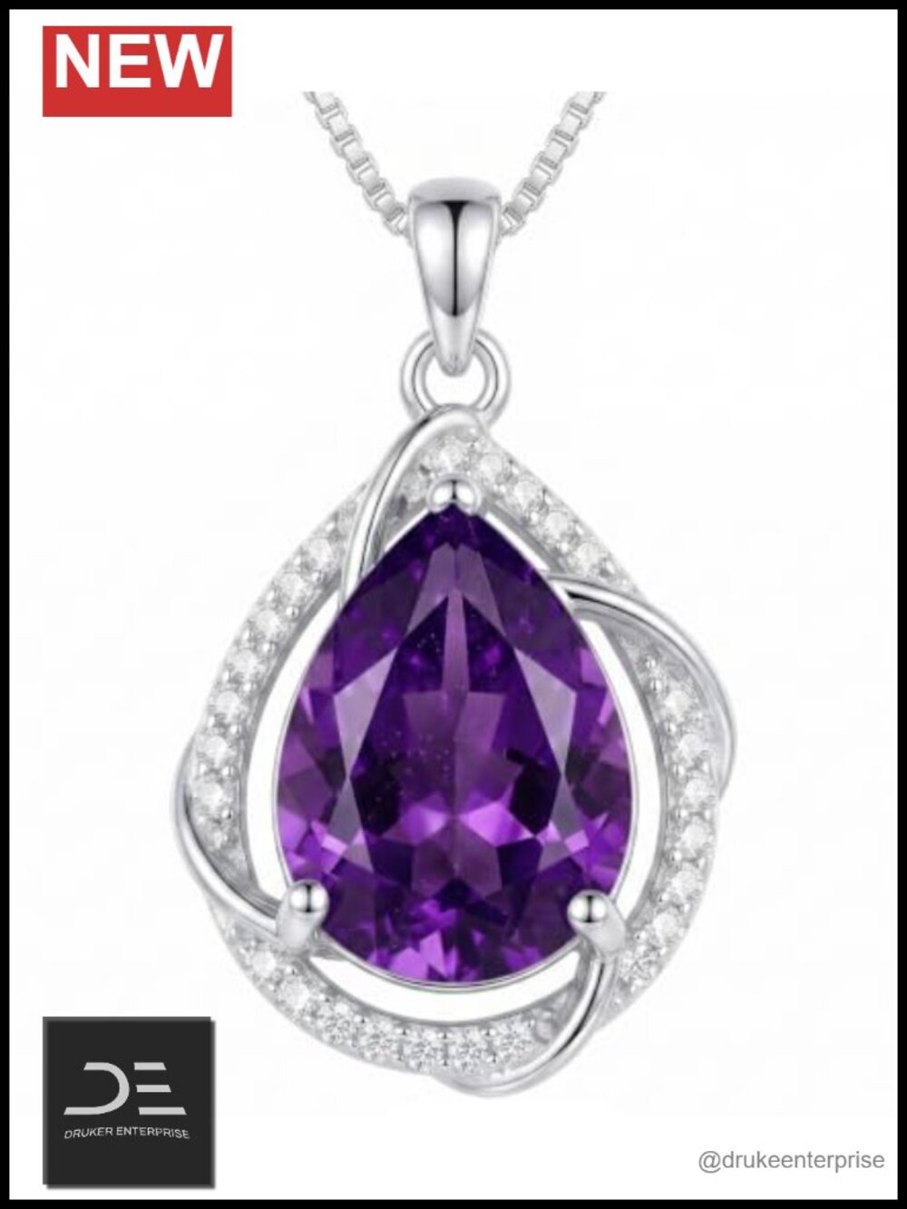 14K White Gold Plated Teardrop Birthstone Pendant Necklace Women Cubic Zirconia